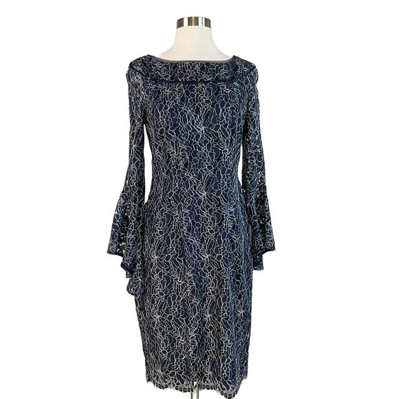 XSCAPE Women's Cocktail Dress Size 6 Blue Metallic Lace Long Sleeve Sheath - Picture 1 of 11